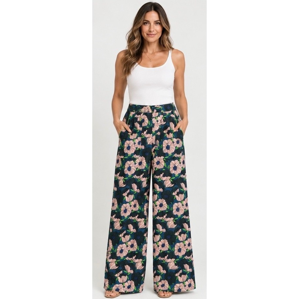 H&M Women's 4 Pink Green Bold Floral Print High Waist Wide Leg Pants Trousers - Picture 14 of 15